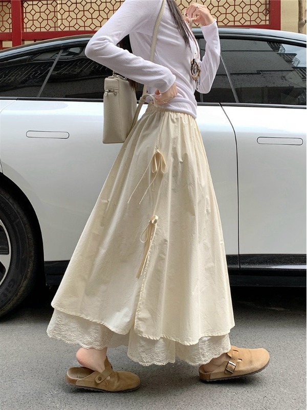 A-Line Skirt Midi - High Waist Lace Trim A-Line Midi