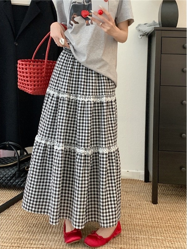 A-Line Skirt Midi - plus Size Sweet Lace Plaid High