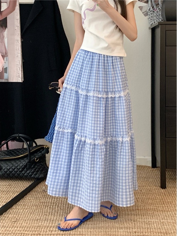 plus Size Sweet Lace Plaid Hig - đánh giá và giá A-Line Skirt Midi
