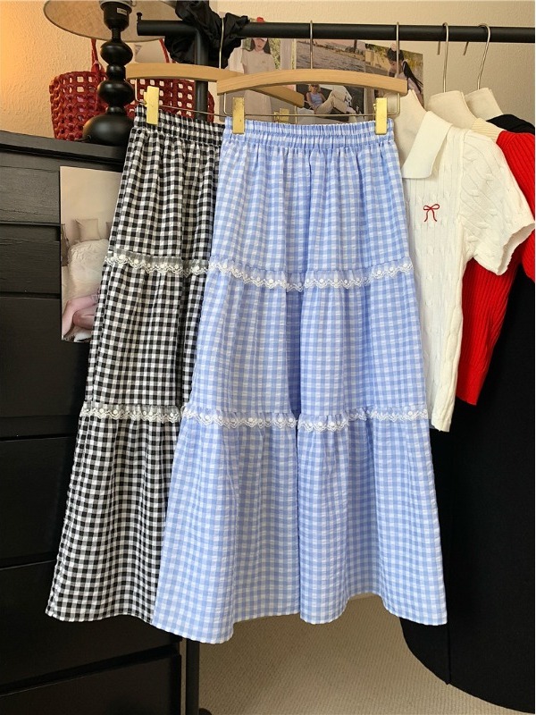plus Size Sweet Lace Plaid Hig - đánh giá và giá A-Line Skirt Midi