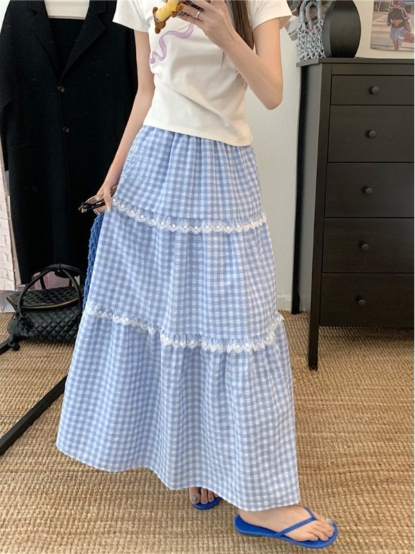plus Size Sweet Lace Plaid Hig - đánh giá và giá A-Line Skirt Midi